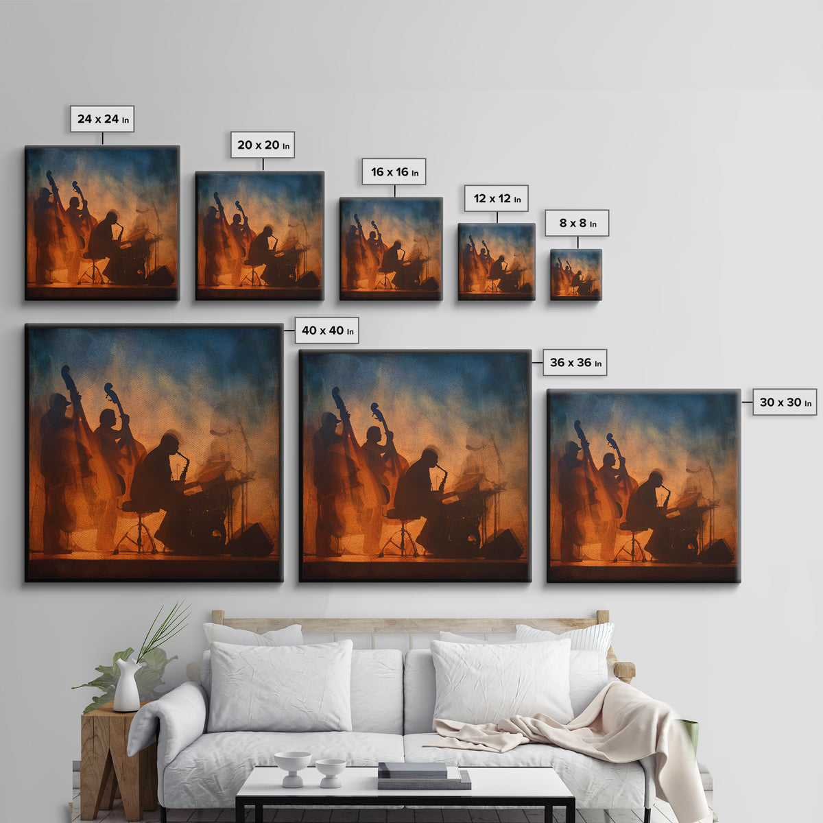 Jazz Quartet Silhouettes Framed Canvas Print, Music Studio Art, Travel Wall Art, Studio Decor, Fine Art, Rhythm, Boho Decor, MSA-1x1-46