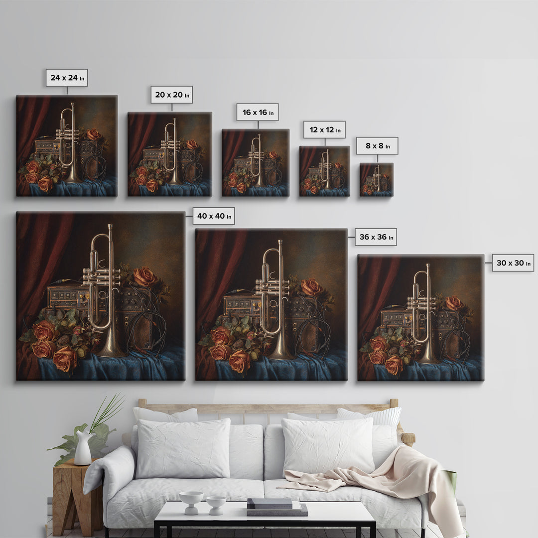 Trumpet and Roses Framed Canvas Print, Music Studio Art, Modern Wall Art, Studio Decor, Rhythm, Boho Art, Travel Wall Art, MSA-1x1-56