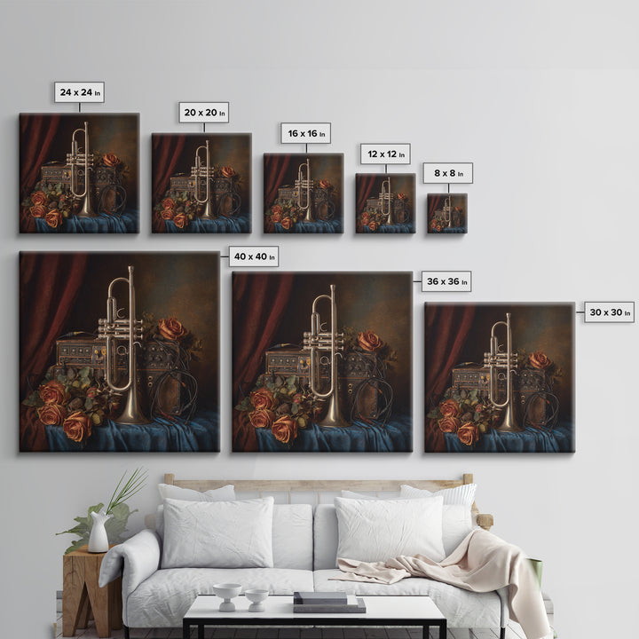 Trumpet and Roses Framed Canvas Print, Music Studio Art, Modern Wall Art, Studio Decor, Rhythm, Boho Art, Travel Wall Art, MSA-1x1-56