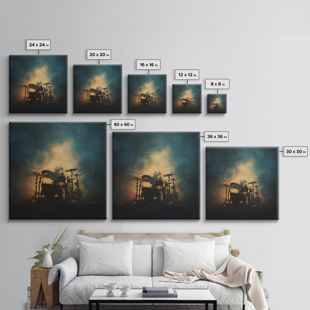 Drum Kit Silhouette Framed Canvas Print, Music Studio Art, Commission Painting, Studio Decor, Watercolor Art, Rhythm, MSA-1x1-6