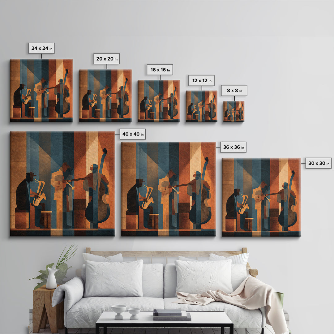 Jazz Quartet Silhouettes Framed Canvas Print, Music Studio Art, Travel Wall Art, Studio Decor, Fine Art, Rhythm, Boho Decor, MSA-1x1-70