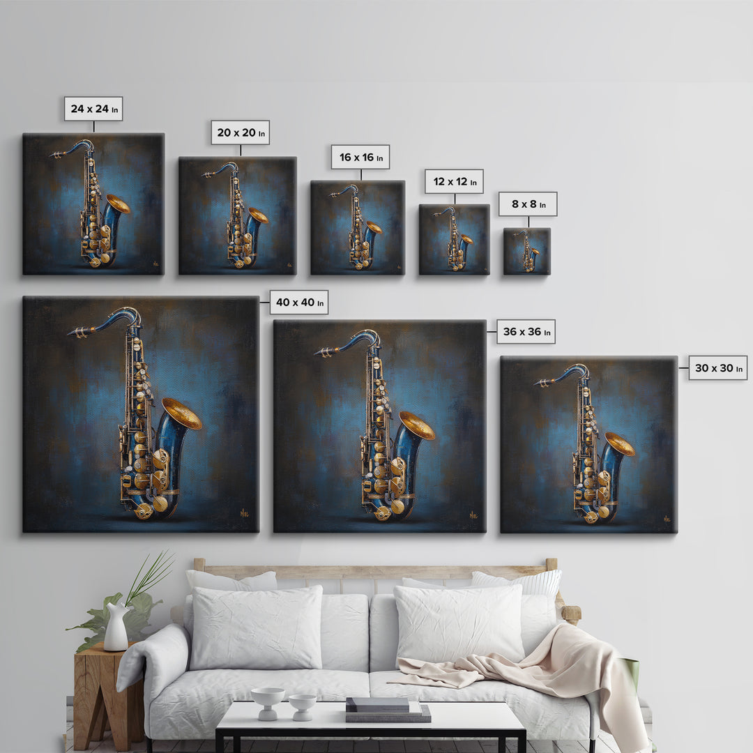Jazz Saxophone with Smoky Blue Background Framed Canvas Print, Music Studio Art, Music Lover, Studio Decor, Fine Art, Rhythm, MSA-1x1-74