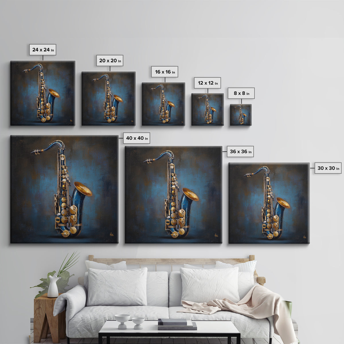 Jazz Saxophone with Smoky Blue Background Framed Canvas Print, Music Studio Art, Music Lover, Studio Decor, Fine Art, Rhythm, MSA-1x1-74
