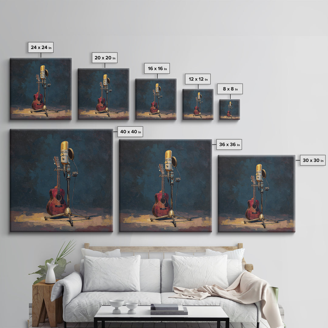 Microphone Portrait with Golden Spotlight Framed Canvas Print, Music Studio Art, Fine Art Print, Studio Decor, Fine Art, Rhythm, MSA-1x1-79