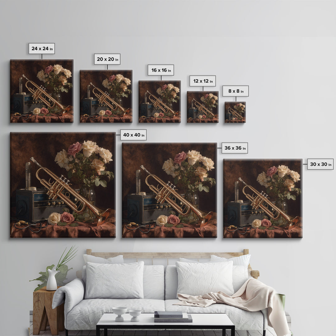 Trumpet and Roses Framed Canvas Print, Music Studio Art, Printable Art, Studio Decor, Rhythm, Music Art, Man Cave Decor, MSA-1x1-8