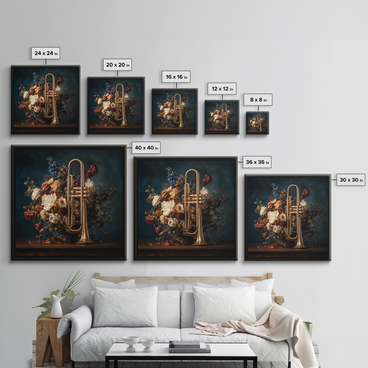 Trumpet and Roses Framed Canvas Print, Music Studio Art, Modern Decor, Studio Decor, Fine Art, Rhythm, Home Decor, Wall Decor, MSA-1x1-80