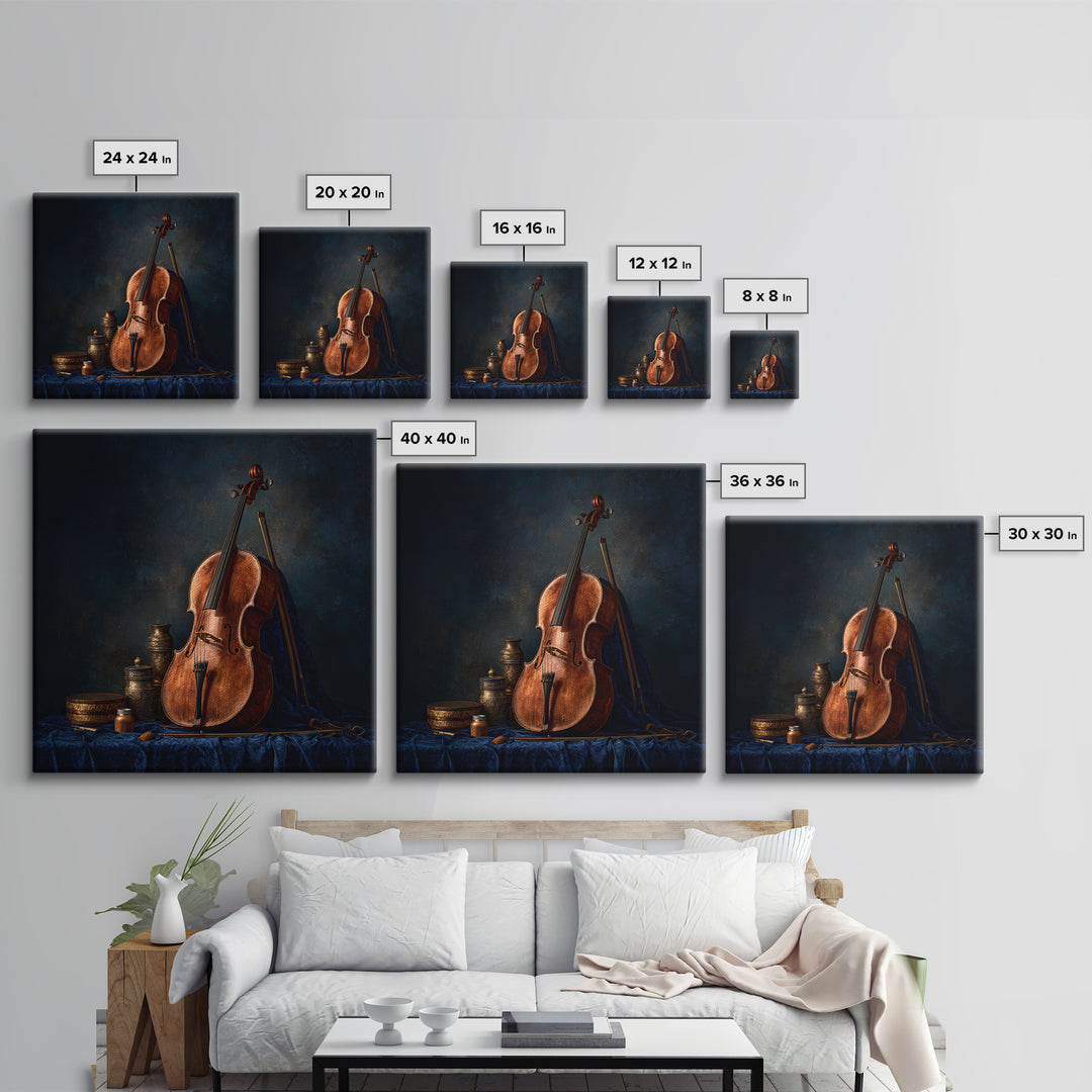Cello Leaning Against Dark Velvet Backdrop Canvas Print, Music Studio Art, Textured Painting, Studio Decor, Fine Art, Rhythm, MSA-1x1-81