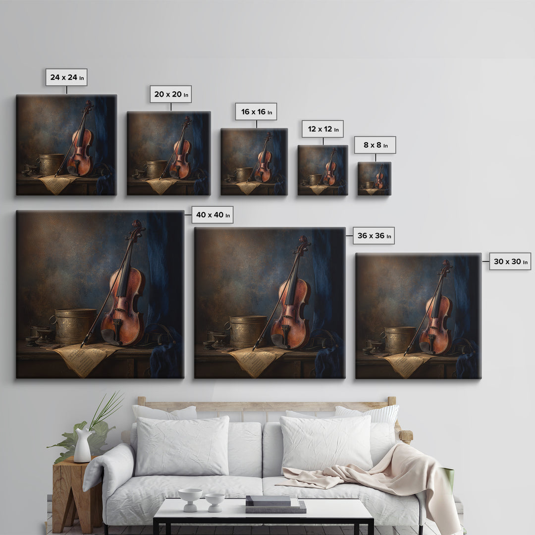 Violin and Bow Framed Canvas Print, Music Studio Art, Textured Painting, Studio Decor, Fine Art, Rhythm, Custom Painting, MSA-1x1-88