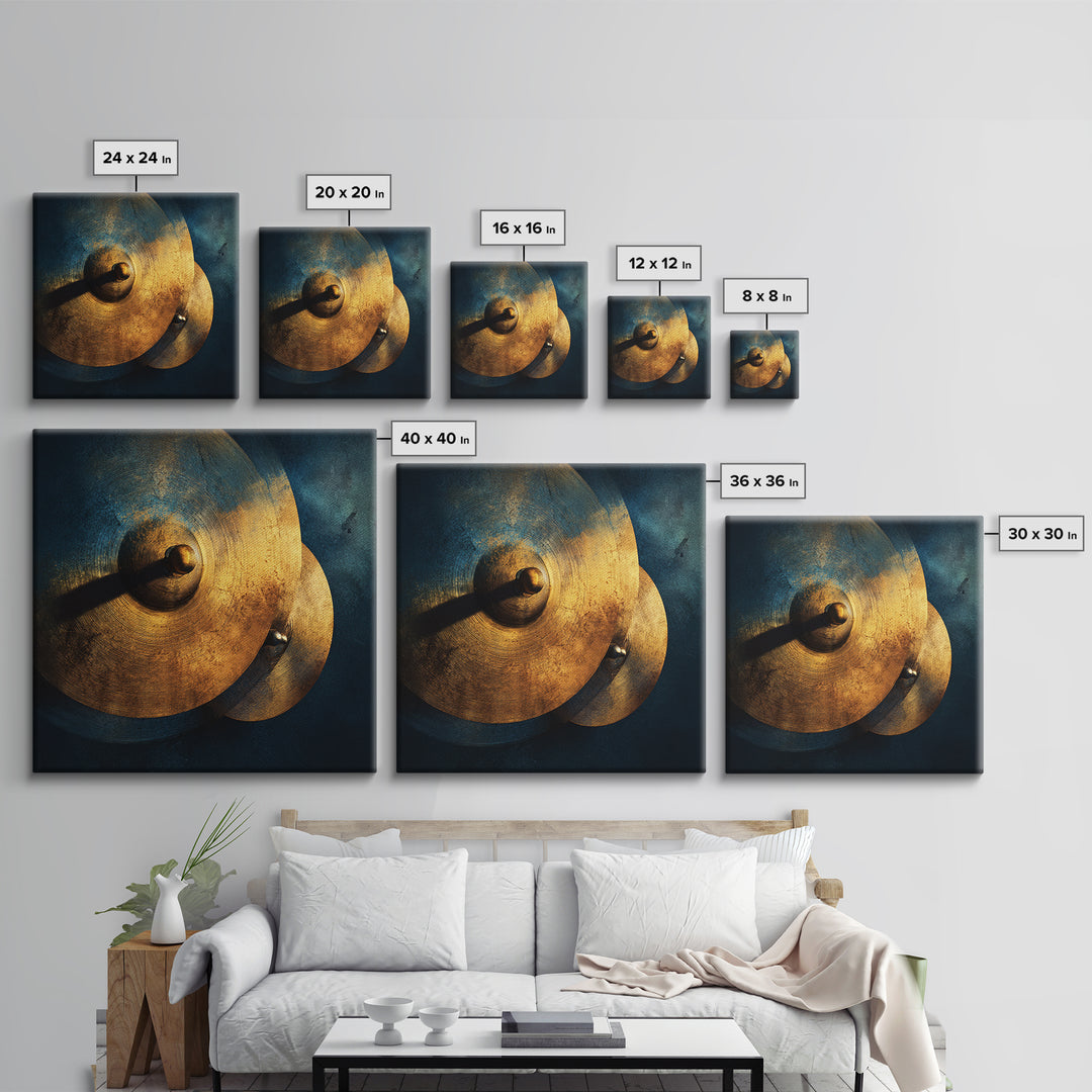 Gold Cymbal Closeup Framed Canvas Print, Music Studio Art, Printable Wall Art, Studio Decor, Rhythm, Painting from Photo, MSA-1x1-96