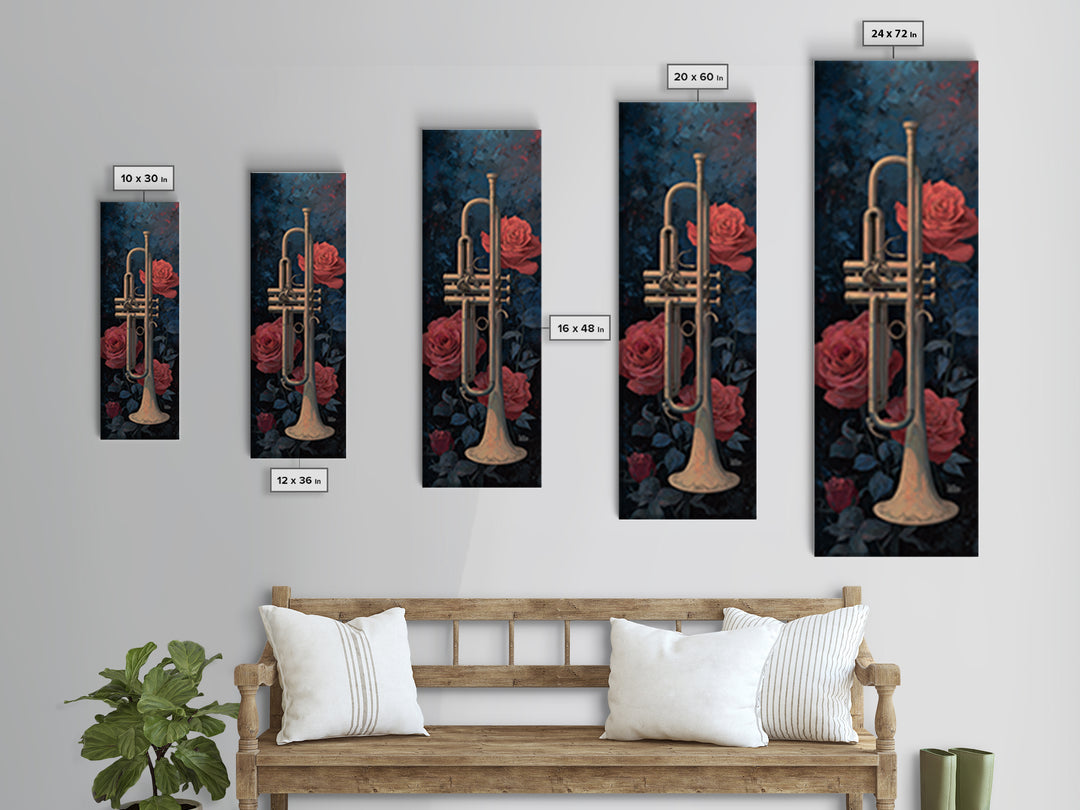 Trumpet and Roses Framed Canvas Print, Music Studio Art, Luxury Decor, Studio Decor, Fine Art, Rhythm, Art Commission, MSA-1x3-20