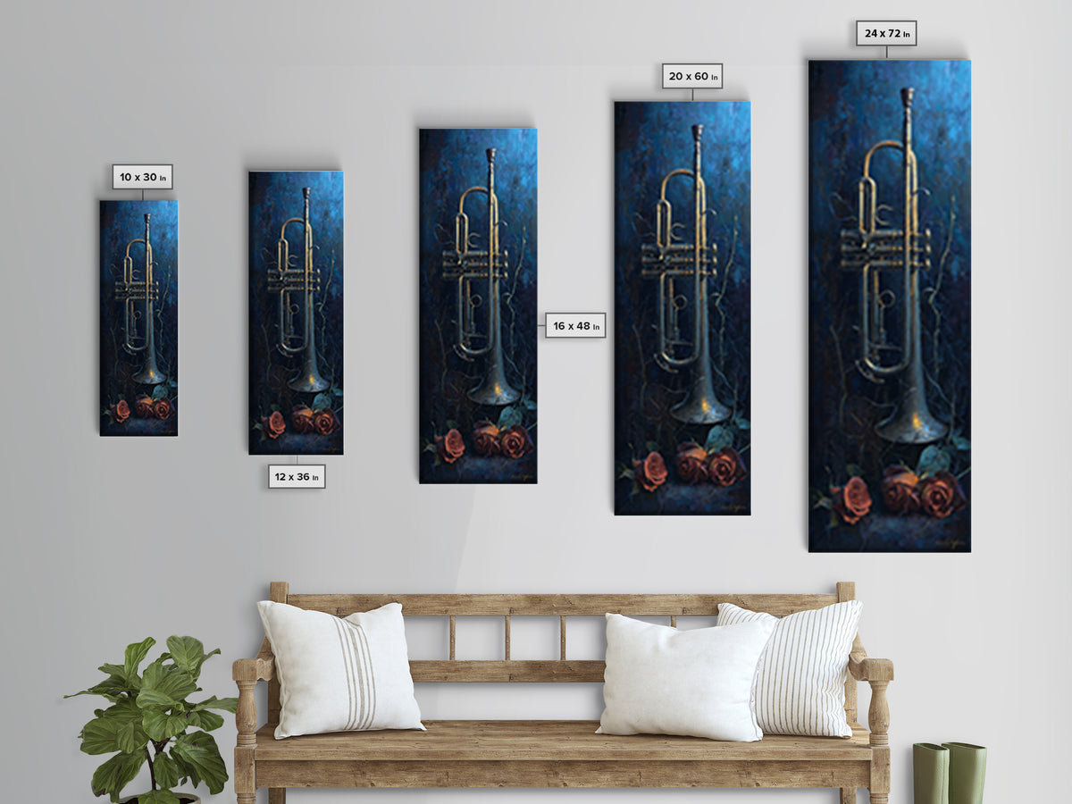 Trumpet and Roses Canvas Print, Music Studio Art, Contemporary Art, Studio Decor, Rhythm, Music Poster, Trendy Wall Art, MSA-1x3-44