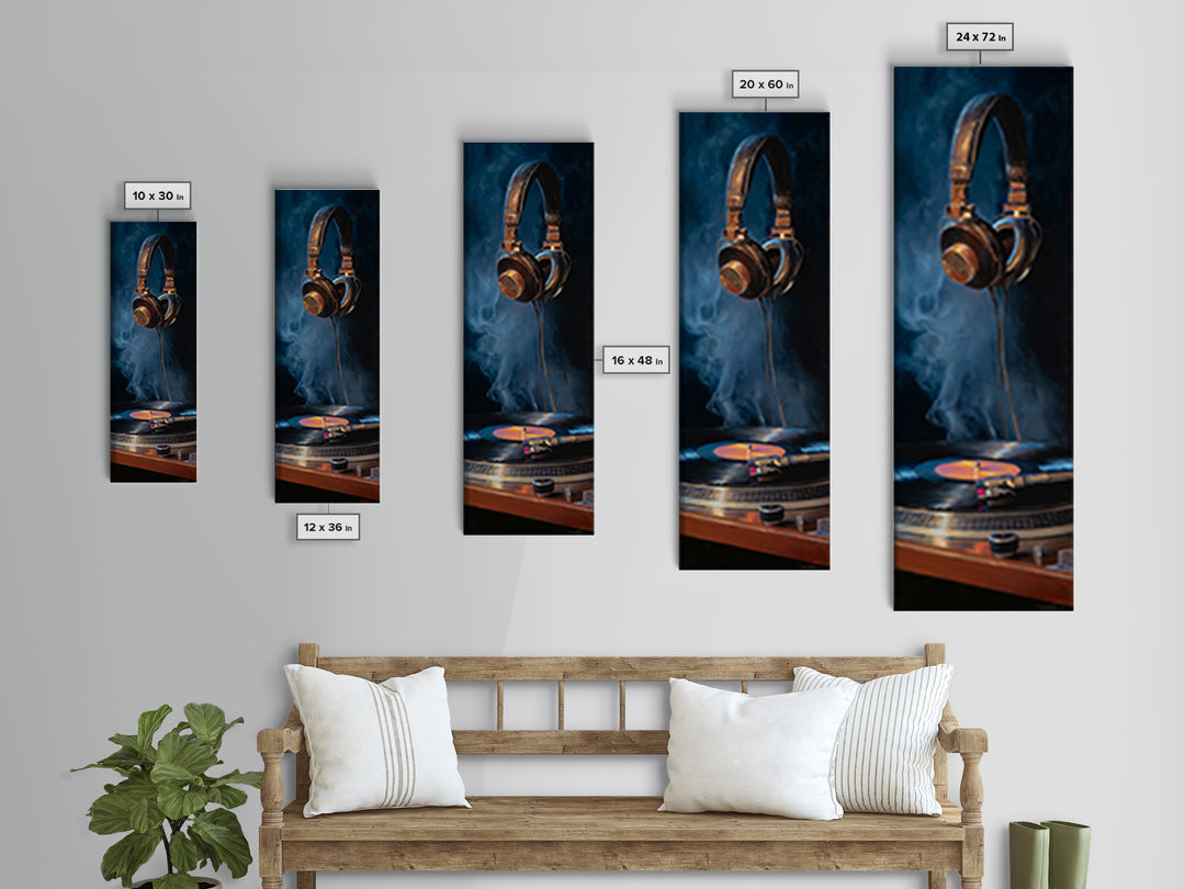 Headphones Around a Glowing Record Framed Canvas Print, Music Studio Art, Custom Painting, Studio Decor, Fine Art, Rhythm, MSA-1x3-47