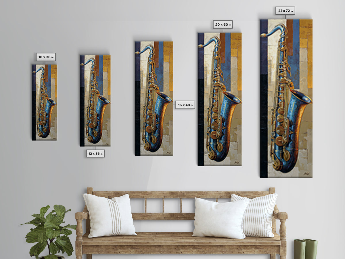 Jazz Saxophone with Smoky Blue Background Framed Canvas Print, Music Studio Art, Neutral Decor, Studio Decor, Fine Art, Rhythm, MSA-1x3-62