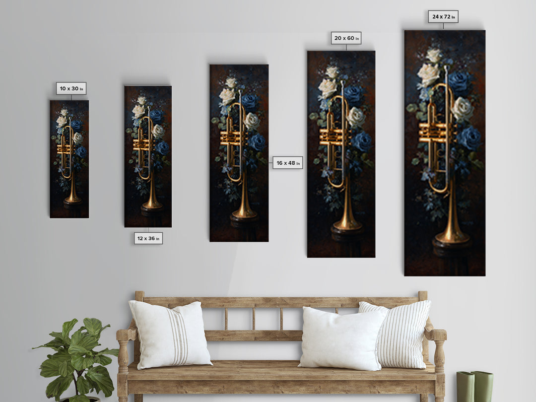 Trumpet and Roses Canvas Print, Music Studio Art, Scripture Wall Art, Studio Decor, Fine Art, Rhythm, Travel Wall Art, MSA-1x3-68