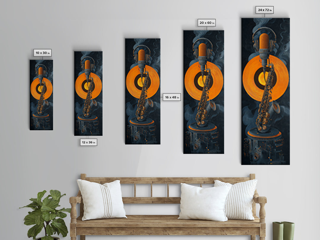 Headphones Around a Glowing Record Framed Canvas Print, Music Studio Art, Music Art, Studio Decor, Rhythm, Modern Decor, MSA-1x3-71