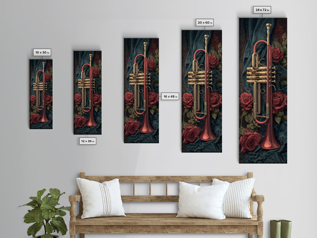 Trumpet and Roses Framed Canvas Print, Music Studio Art, Painting from Photo, Studio Decor, Rhythm, Gifts for Musicians, MSA-1x3-92
