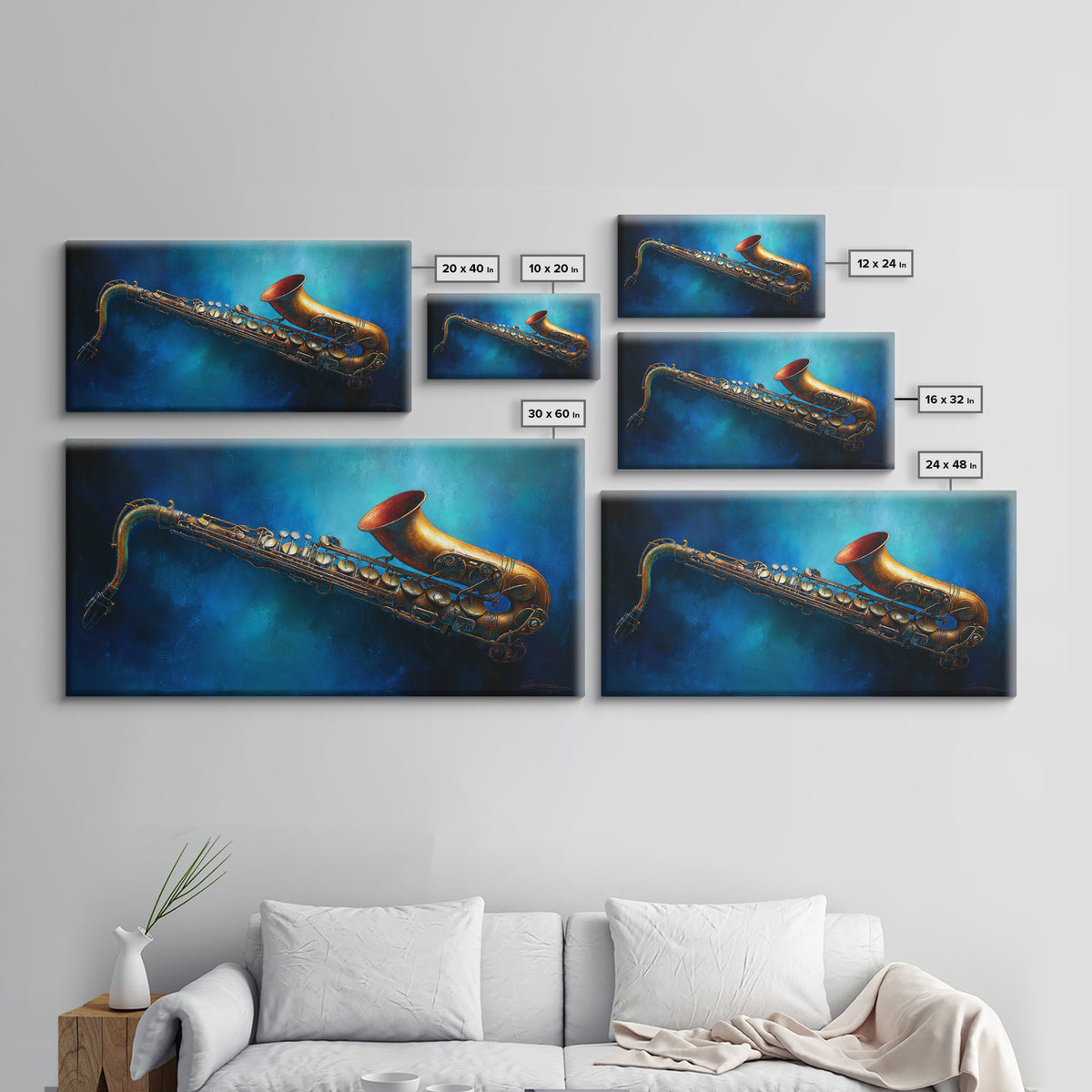 Jazz Saxophone with Smoky Blue Background Canvas Print, Music Studio Art, Boho Decor, Studio Decor, Fine Art, Rhythm, MSA-2x1-22