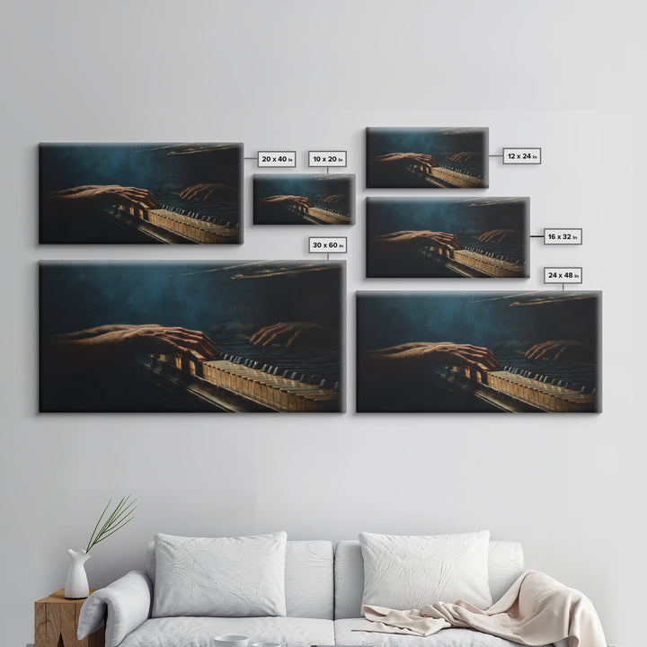 Piano Keys with Hands in Cinematic Shadow Framed Canvas Print, Music Studio Art, Home Decor, Studio Decor, Fine Art, Rhythm, MSA-2x1-25