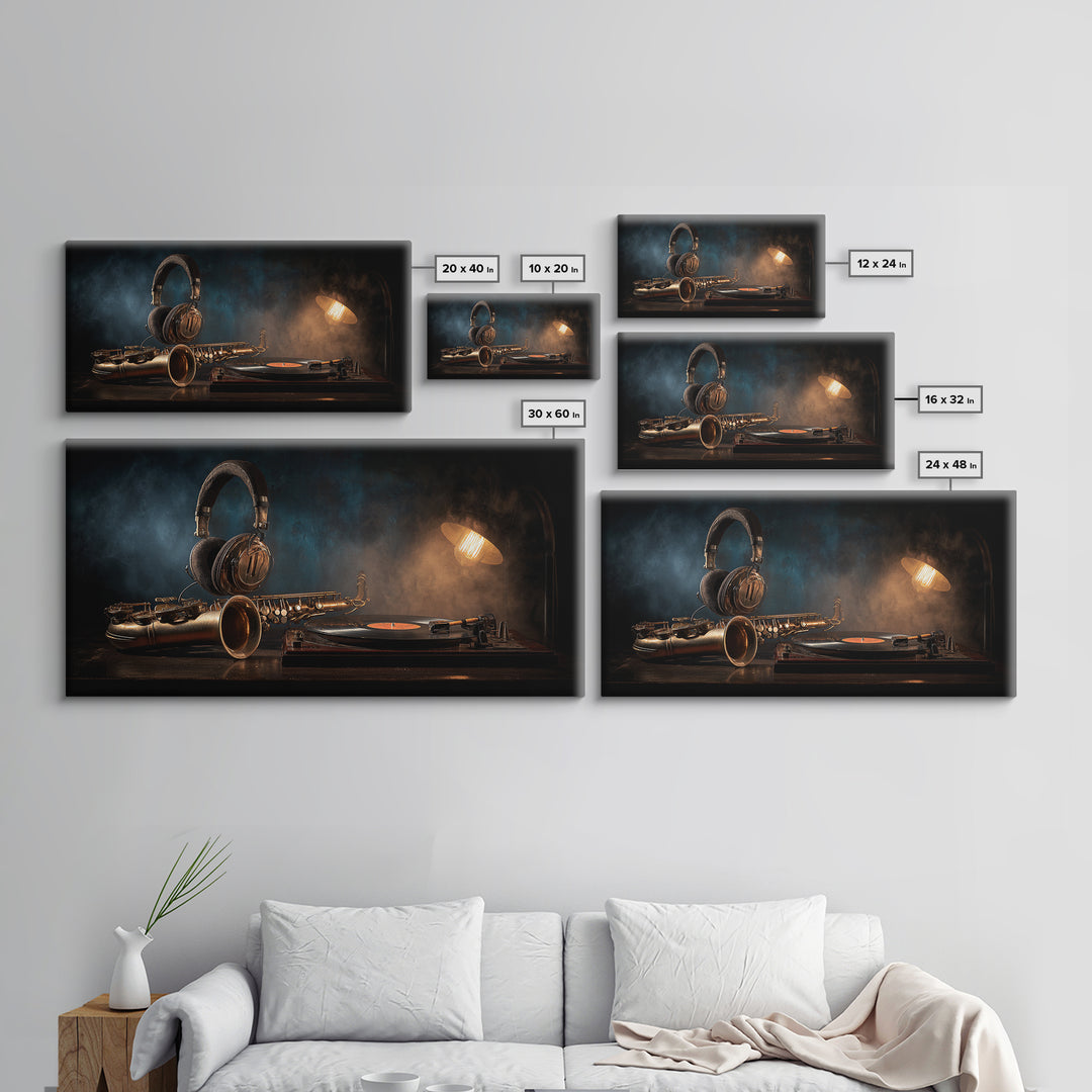 Headphones Around a Glowing Record Canvas Print, Music Studio Art, Printable Art, Studio Decor, Fine Art, Rhythm, Music Art, MSA-2x1-31