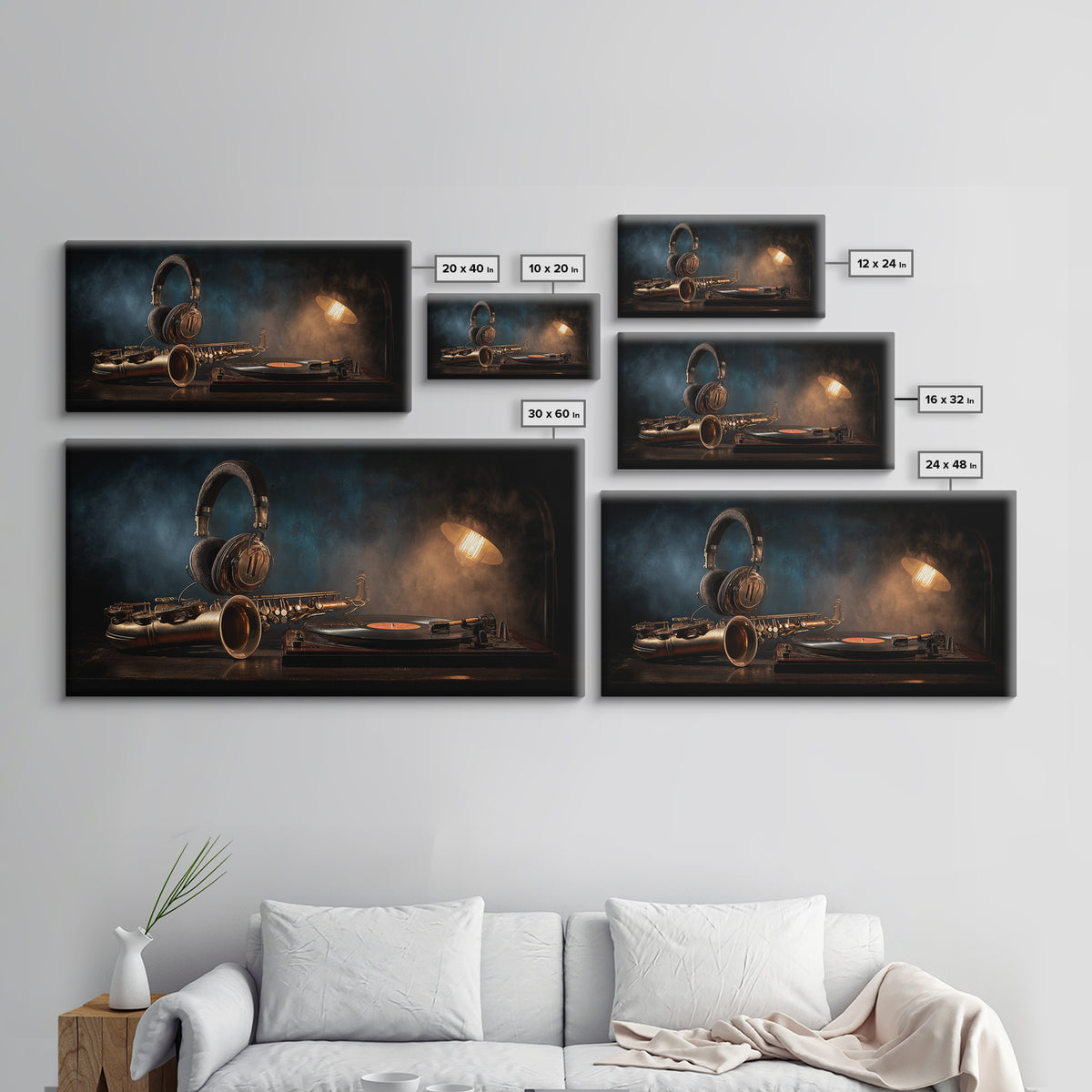 Headphones Around a Glowing Record Canvas Print, Music Studio Art, Printable Art, Studio Decor, Fine Art, Rhythm, Music Art, MSA-2x1-31