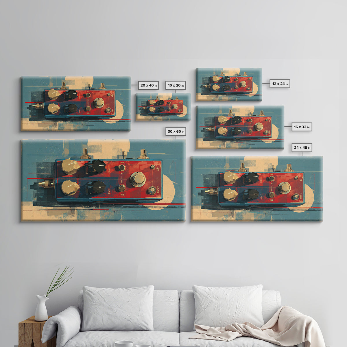 Electric Guitar Pedals and Cables Graphic Art Canvas Print, Music Studio Art, Contemporary Art, Studio Decor, Fine Art, Rhythm, MSA-2x1-41