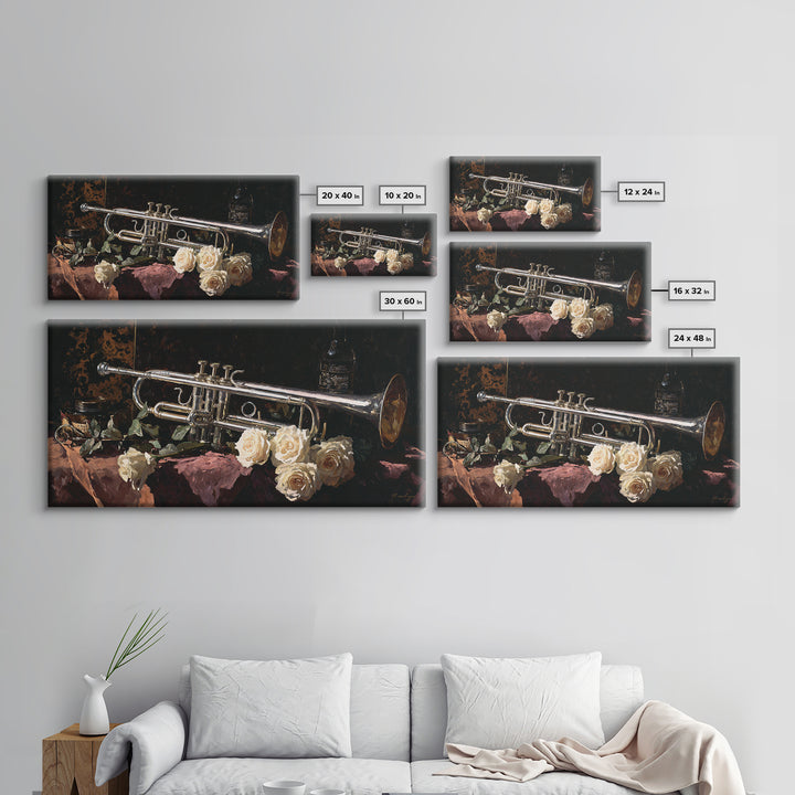 Trumpet and Roses Canvas Print, Music Studio Art, Printable Wall Art, Studio Decor, Fine Art, Rhythm, Painting from Photo, MSA-2x1-52