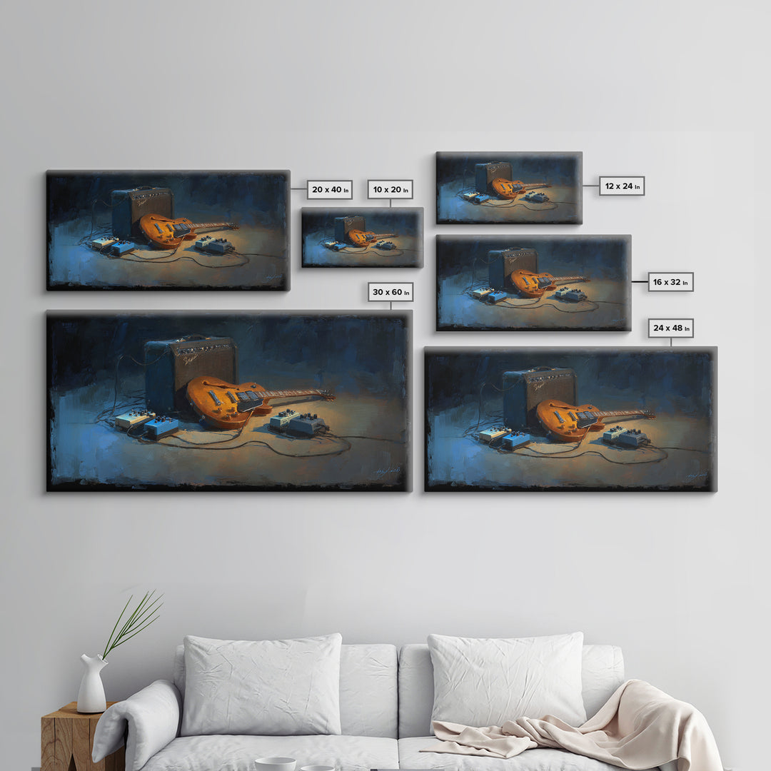 Electric Guitar Pedals and Cables Graphic Art Framed Canvas Print, Music Studio Art, Metal Wall Art, Studio Decor, Abstract Art, MSA-2x1-65