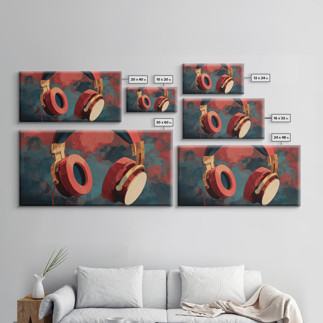 Headphones Around a Glowing Record Framed Canvas Print, Music Studio Art, Wall Decor, Studio Decor, Fine Art, Rhythm, MSA-2x1-7