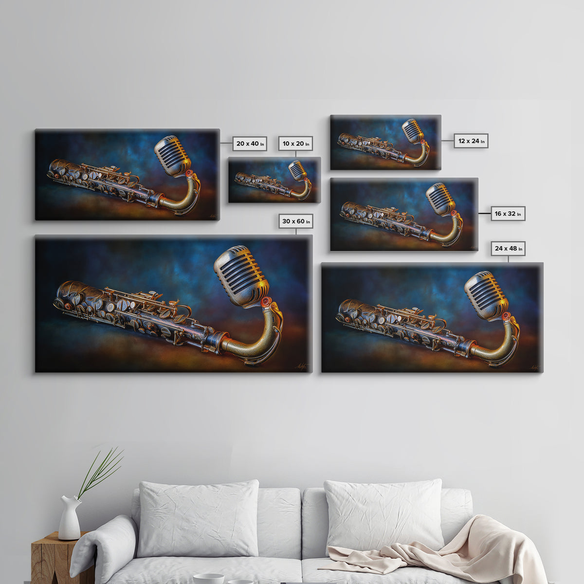 Microphone Portrait with Golden Spotlight Framed Canvas Print, Music Studio Art, Boho Decor, Studio Decor, Oil Painting, Rhythm, MSA-2x1-75