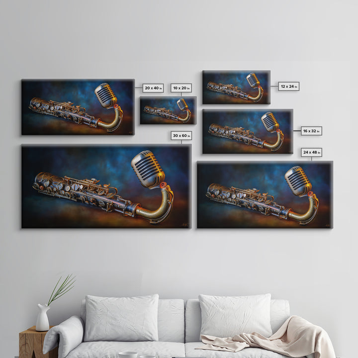Microphone Portrait with Golden Spotlight Framed Canvas Print, Music Studio Art, Boho Decor, Studio Decor, Oil Painting, Rhythm, MSA-2x1-75