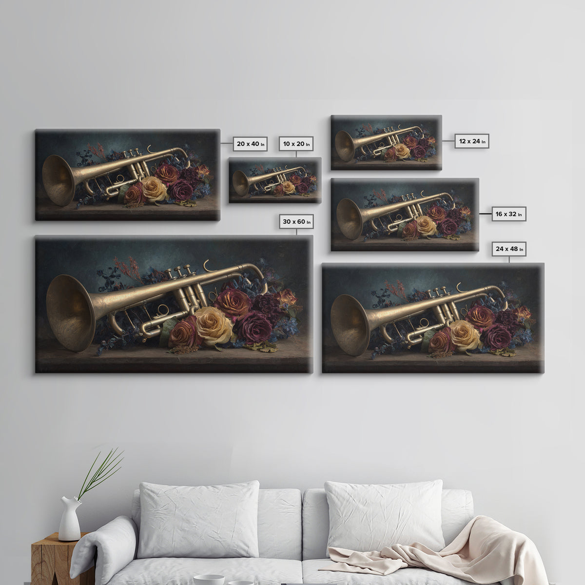 Trumpet and Roses Canvas Print, Music Studio Art, Digital Download Art, Studio Decor, Fine Art, Rhythm, Music Lover Gift, MSA-2x1-76