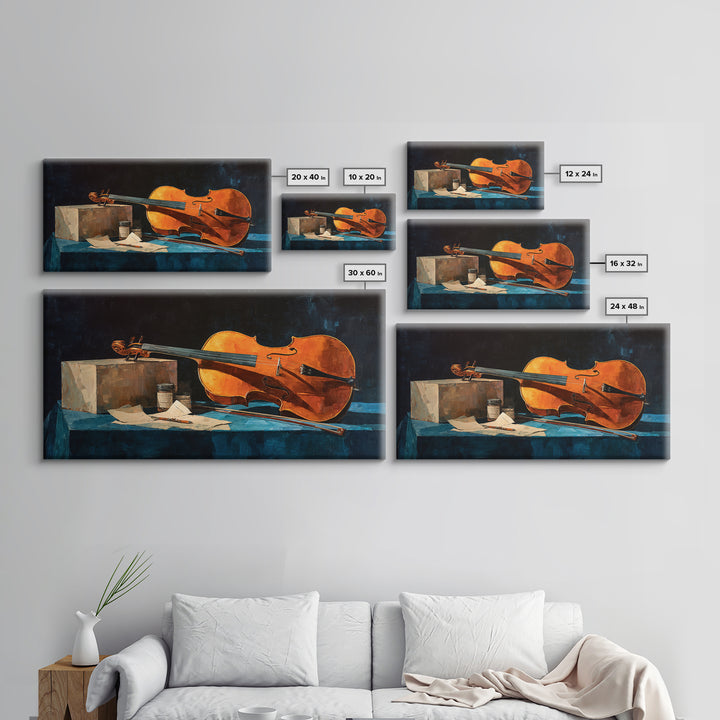Cello Leaning Against Dark Velvet Backdrop Canvas Print, Music Studio Art, Printable Art, Studio Decor, Oil Painting, Rhythm, MSA-2x1-77