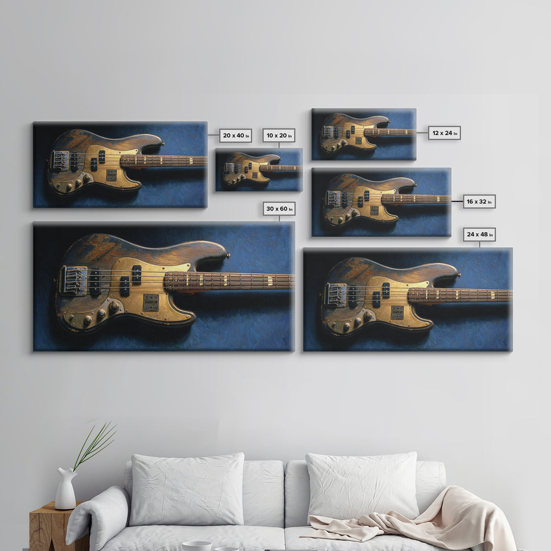Bass Guitar Closeup Framed Canvas Print, Music Studio Art, Custom Painting, Studio Decor, Watercolor Art, Rhythm, MSA-2x1-81