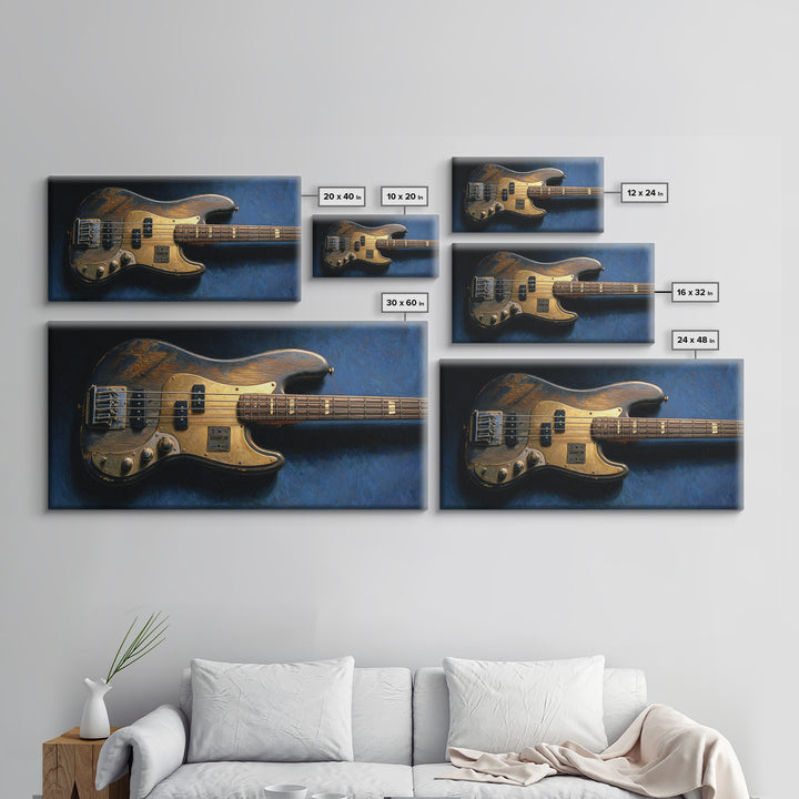 Bass Guitar Closeup Framed Canvas Print, Music Studio Art, Custom Painting, Studio Decor, Watercolor Art, Rhythm, MSA-2x1-81