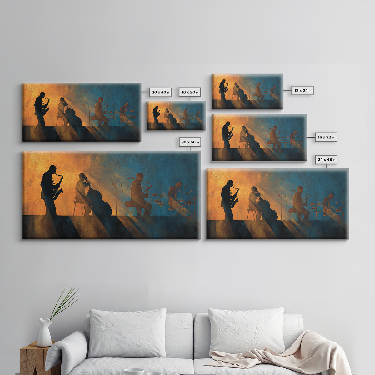 Jazz Quartet Silhouettes Framed Canvas Print, Music Studio Art, Studio Decor, Oil Painting, Rhythm, Wall Art Printable, MSA-2x1-90