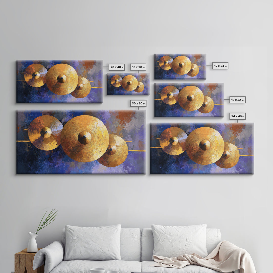 Gold Cymbal Closeup Framed Canvas Print, Music Studio Art, Music Wall Art, Studio Decor, Oil Painting, Rhythm, Teen Room Decor, MSA-2x1-92