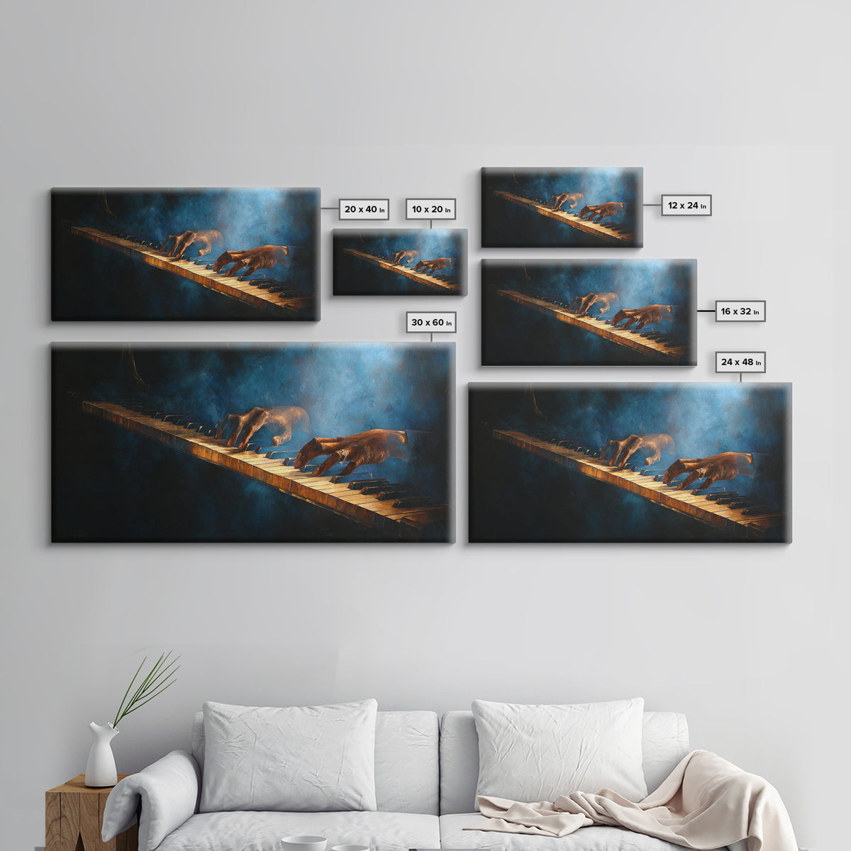Piano Keys with Hands in Cinematic Shadow Framed Canvas Print, Music Studio Art, Trendy Wall Art, Studio Decor, Rhythm, MSA-2x1-97