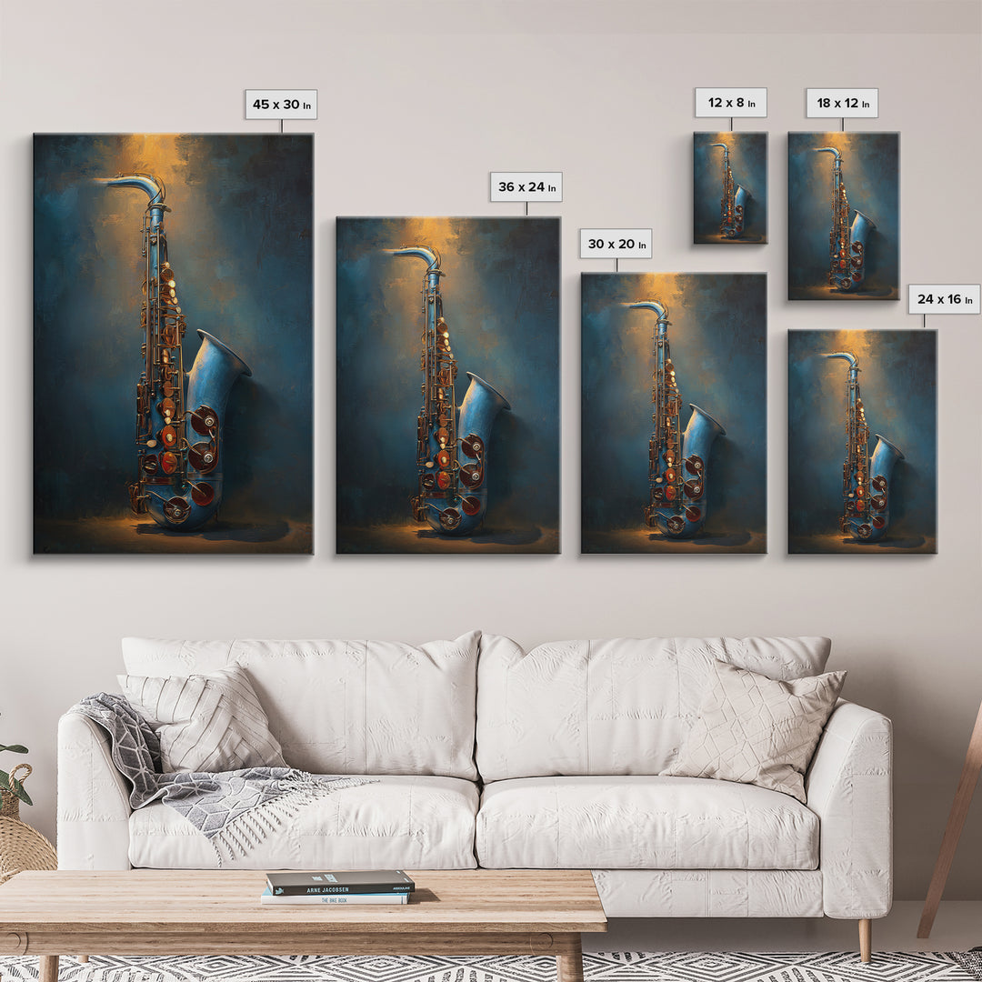 Jazz Saxophone with Smoky Blue Background Canvas Print, Music Studio Art, Luxury Decor, Studio Decor, Fine Art, Rhythm, MSA-2x3-10