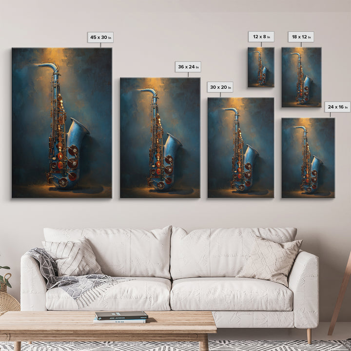 Jazz Saxophone with Smoky Blue Background Canvas Print, Music Studio Art, Luxury Decor, Studio Decor, Fine Art, Rhythm, MSA-2x3-10