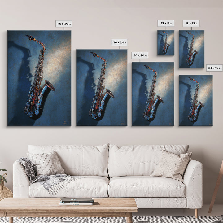 Jazz Saxophone with Smoky Blue Background Framed Canvas Print, Music Studio Art, Contemporary Art, Studio Decor, Rhythm, MSA-2x3-34