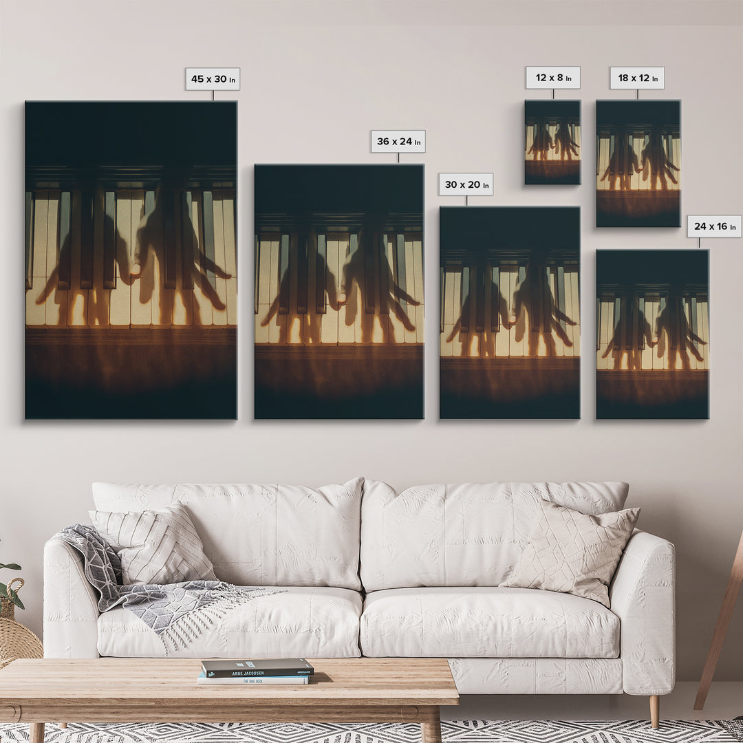 Piano Keys with Hands in Cinematic Shadow Framed Canvas Print, Music Studio Art, Music, Studio Decor, Fine Art, Rhythm, MSA-2x3-37