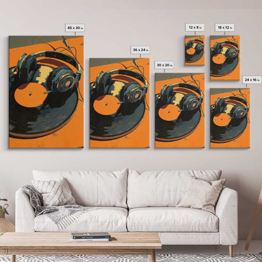 Headphones Around a Glowing Record Framed Canvas Print, Music Studio Art, Contemporary Art, Studio Decor, Fine Art, Rhythm, MSA-2x3-43