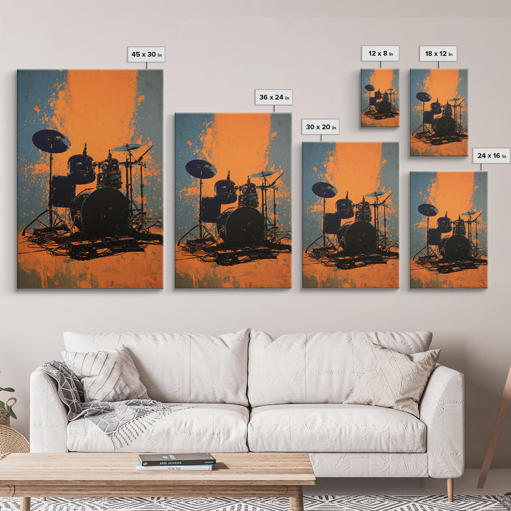 Drum Kit Silhouette Canvas Print, Music Studio Art, Art Commission, Studio Decor, Abstract Art, Rhythm, Watercolor Print, MSA-2x3-62