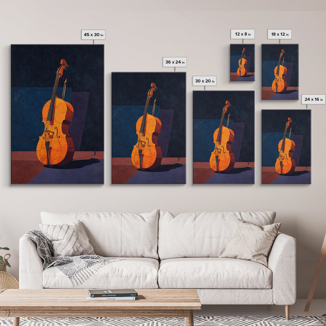 Cello Leaning Against Dark Velvet Backdrop Canvas Print, Music Studio Art, Modern Wall Art, Studio Decor, Fine Art, Rhythm, MSA-2x3-65