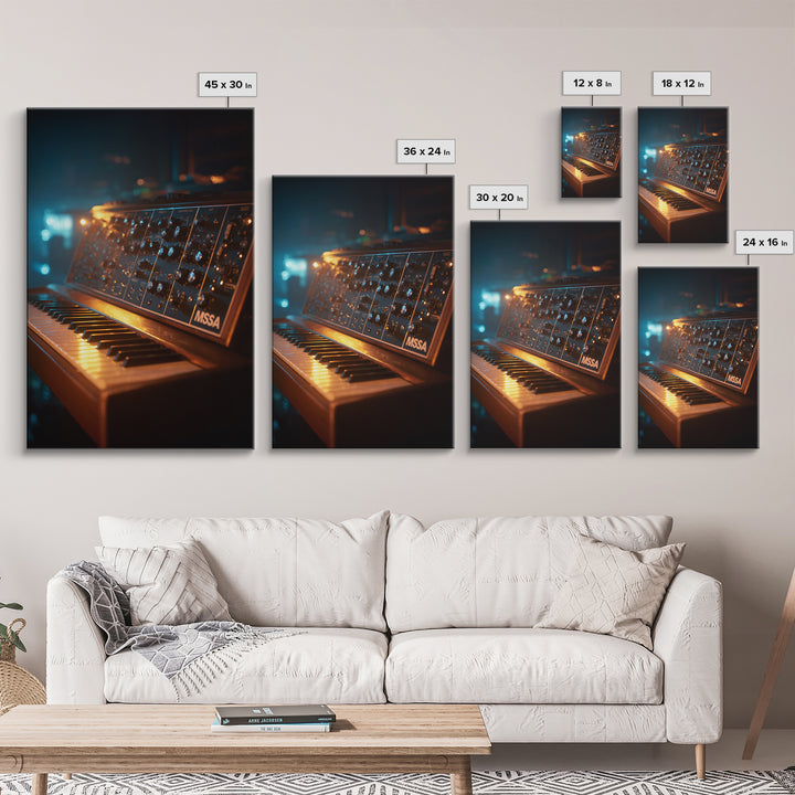 Synthesizer Knobs and Neon Reflections Canvas Print, Music Studio Art, Home Decor, Studio Decor, Oil Painting, Rhythm, MSA-2x3-66