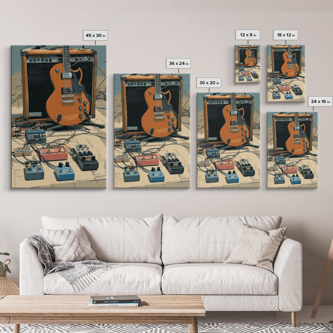 Electric Guitar Pedals and Cables Graphic Art Canvas Print, Music Studio Art, Trendy Wall Art, Studio Decor, Fine Art, Rhythm, MSA-2x3-77