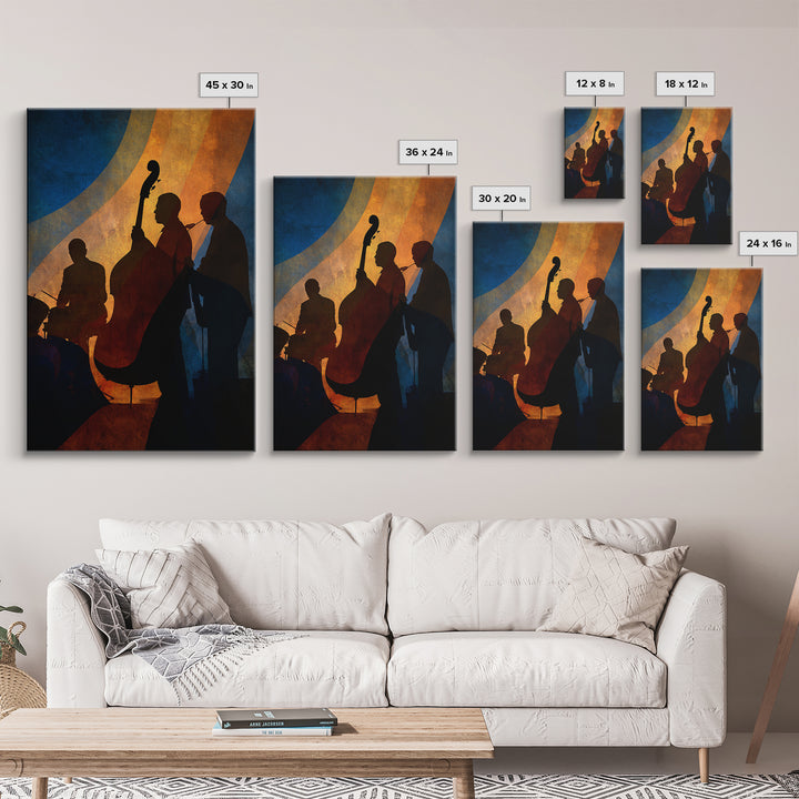 Jazz Quartet Silhouettes Framed Canvas Print, Music Studio Art, Printable Wall Art, Studio Decor, Rhythm, Painting from Photo, MSA-2x3-78