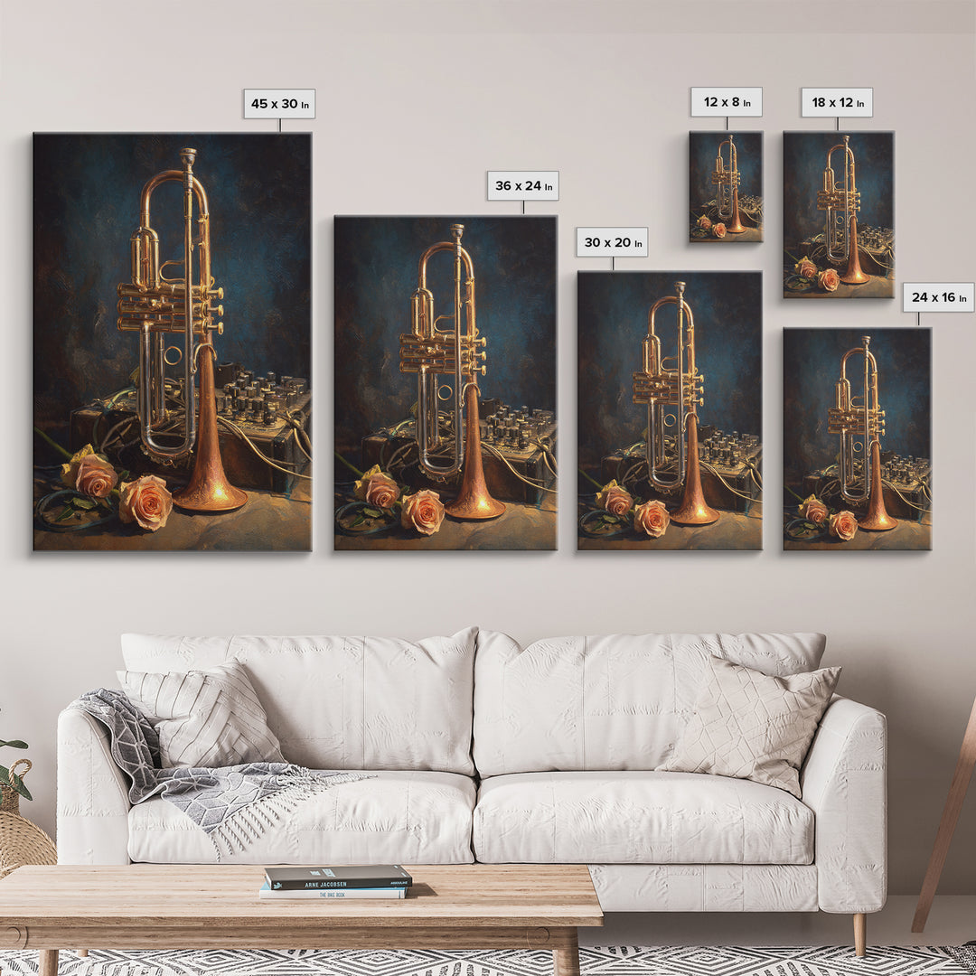 Trumpet and Roses Framed Canvas Print, Music Studio Art, Digital Wall Art, Studio Decor, Fine Art, Rhythm, Commission Painting, MSA-2x3-88