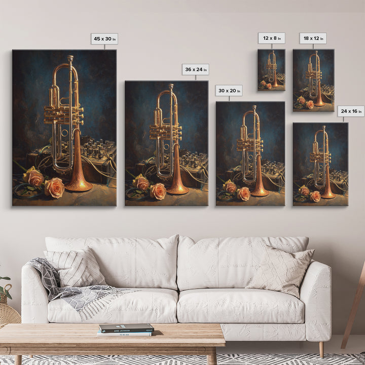Trumpet and Roses Framed Canvas Print, Music Studio Art, Digital Wall Art, Studio Decor, Fine Art, Rhythm, Commission Painting, MSA-2x3-88