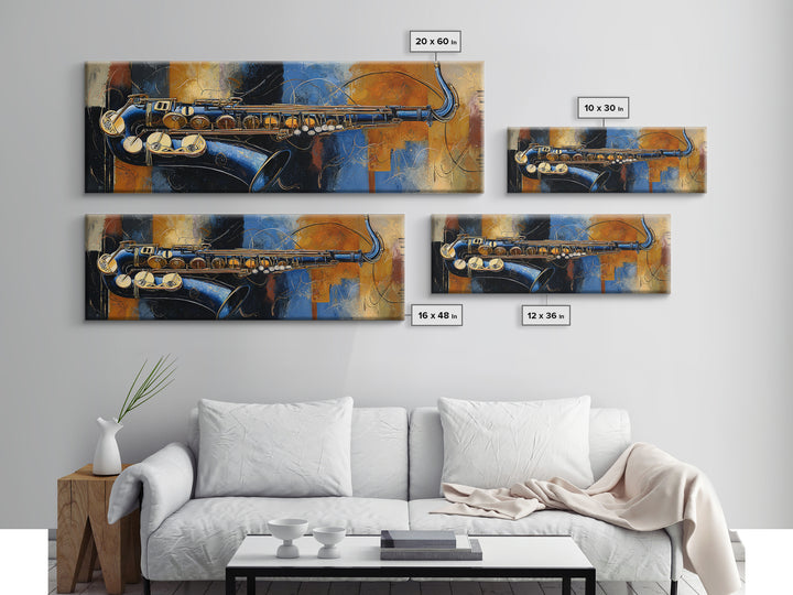 Jazz Saxophone with Smoky Blue Background Framed Canvas Print, Music Studio Art, Custom Painting, Studio Decor, Rhythm, MSA-3x1-18